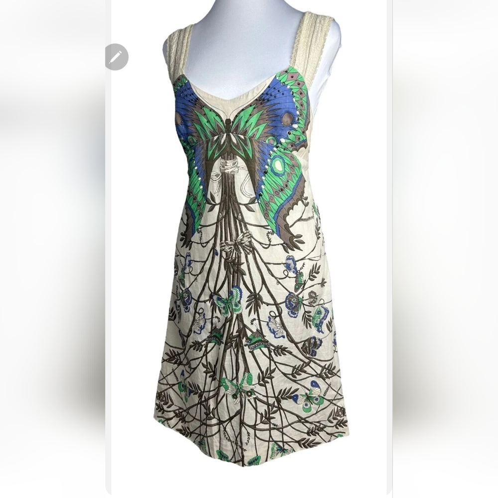 Free People Linen Blend Mini Dress Beige Madame Butterfly Empire Waist  Shift 6